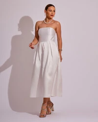 Vestido Midi Tomara que Caia Zibeline Com Pregas Branco