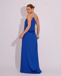 Vestido de Festa Longo Cetim Um Ombro Só Azul Royal