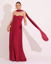 Vestido de Festa Longo Tomara que Caia Plissado com Lenço Cereja