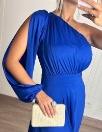 Vestido Longo Ombro Único de Manga Longa Malha Azul Royal