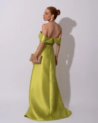 Vestido de Festa Longo Zibeline Ombro a Ombro Drapeado e Fenda Verde Lima