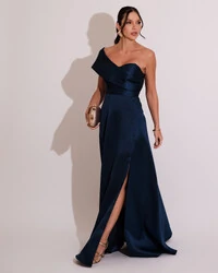 Vestido de Festa longo Faixa Ombro e Fenda Zibeline Azul Marinho