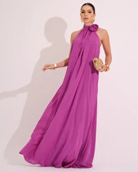 Vestido Longo Crepe Chiffon Frente Única Fluido Flor Removível Fúcsia