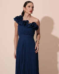 Vestido de Festa um Ombro Só Flor Saia Plissado Azul Marinho