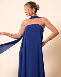 Vestido de Festa Longo Crepe Tomara que Caia com Lenço Azul Marinho