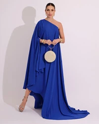 Vestido de Festa um Ombro com Capa Crepe Fluido Azul Royal