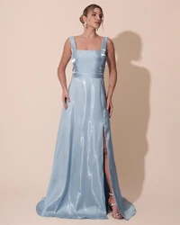 Vestido de Festa Longo Zibeline Cristal com Fenda e Faixa Azul Serenity