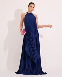 Vestidos de Festa Longo Chiffon Fluido Frente Única Plissado Duplo Azul Marinho