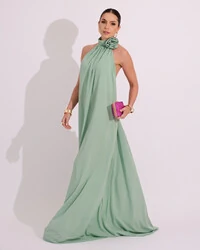 Vestido Longo Crepe Chiffon Frente Única Fluido Flor Removível Verde Menta
