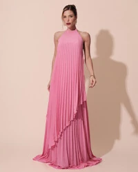 Vestidos de Festa Longo Chiffon Fluido Frente Única Plissado Duplo Rosa