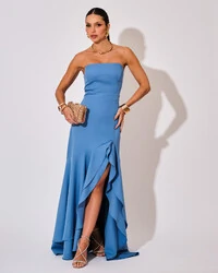 Vestido Longo com Fenda de Babados Alfaiataria Azul Atlantis