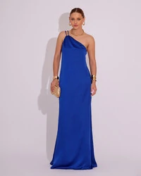 Vestido de Festa Longo em Cetim Fluido um Ombro Só Azul Royal