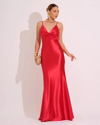 Vestido de Festa Longo Malha Cetim Busto Drapeado Saia Sereia Vermelho