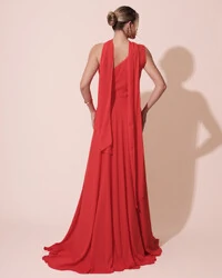 Vestido de Festa Longo Crepe Chiffon Um Ombro Só Drapeado com Lenço Vermelho New