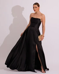 Vestido de Festa Longo Tomara que Caia Trançado Costa em Zibeline Preto
