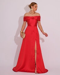 Vestido de Festa Longo Ombro a Ombro Laço Zibeline com Fenda Vermelho