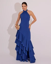 Vestido de Festa Longo Decote Halter com Babados Azul Royal