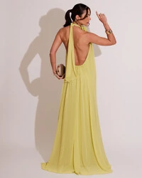 Vestido Longo Crepe Chiffon Frente Única Fluido Flor Removível Amarelo