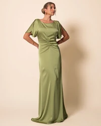 Vestido de Festa Longo Cetim Fluido Manga Curta Drapeado Verde Pistache