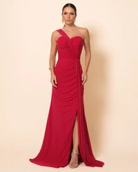 Vestido de Festa Longo Tule Tomara que Caia Faixa Cereja