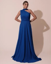 Vestido de Festa Longo Crepe Chiffon Um Ombro Só Drapeado com Lenço Azul Royal