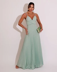 Vestido de Festa Longo Plissado Crepe Chiffon com Alça Menta