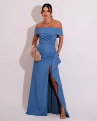 Vestido de Festa Longo Ombro a Ombro com Fenda em Alfaiataria Azul Atlantis