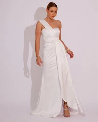 Vestido de Festa Longo Cetim Alfaiataria Tomara que Caia Faixa Branco