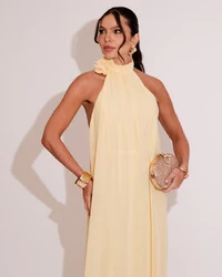 Vestido Longo Crepe Frente Única Fluido Flor Removível Amarelo Manteiga