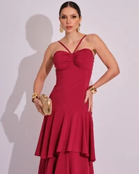 Vestido Longo Frente Única em Crepe com Babados e Camadas Cereja