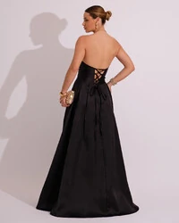 Vestido de Festa Longo Tomara que Caia Trançado Costa em Zibeline Preto