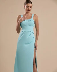 Vestido de Festa Longo Alfaiataria Decote Coração com Alças e Fenda Tiffany