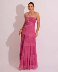 Vestido de Festa Longo Tule com Saia Babado Pink