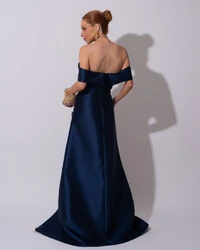 Vestido de Festa Longo Zibeline Ombro a Ombro Drapeado e Fenda Azul Marinho