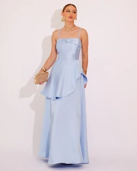 Vestido de Festa Zibeline Tomara que Caia com Recortes e Camadas Azul Serenity