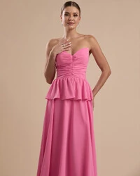 Vestido de Festa Longo Crepe Chiffon Tomara que Caia Peplum Drapeado Rosa