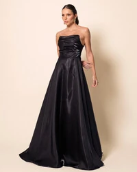 Vestido de Festa Longo Cetim Cristal Tomara que Caia Drapeado Preto