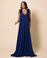 Vestido de Festa Longo Crepe Chiffon Fluido Decote em V Flores Azul Marinho