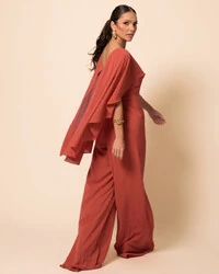 Macacão de Festa Longo Crepe Chiffon com Capa Terracota