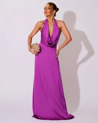 Vestido de Festa Longo Frente Única Degagê Cetim Fluido Fúcsia