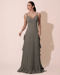 Vestido de Festa Longo Crepe Chiffon Alça Fina Saia Plissada com Babado Cascata Verde Oliva