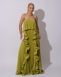 Vestido de Festa Longo Crepe Chiffon Tomara que Caia Plissado com Babado Cascata Verde Pistache