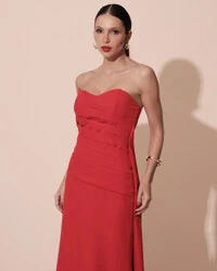 Vestido de Festa Longo Alfaiataria Tomara que Caia Drapeado Faixa Vermelho