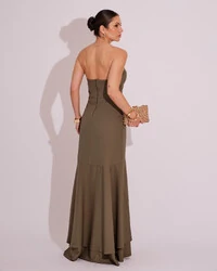 Vestido Longo com Fenda de Babados Alfaiataria Verde Oliva