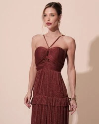 Vestido de Festa Longo Tule com Saia Babado Marsala