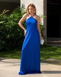 Vestido Longo de Cetim com Decote Triangular e Amarração nas Costas Degagê Azul Royal