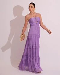 Vestido de Festa Longo Tule com Saia Babado Lilás