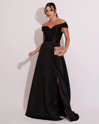 Vestido de Festa Longo Zibeline Ombro a Ombro com Fenda Preto