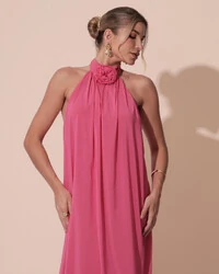 Vestido Longo Crepe Chiffon Frente Única Fluido Flor Removível Pink Claro