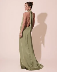 Vestido Longo de Festa Cetim Fluido Gola Alta e Babado Cascata Verde Pistache